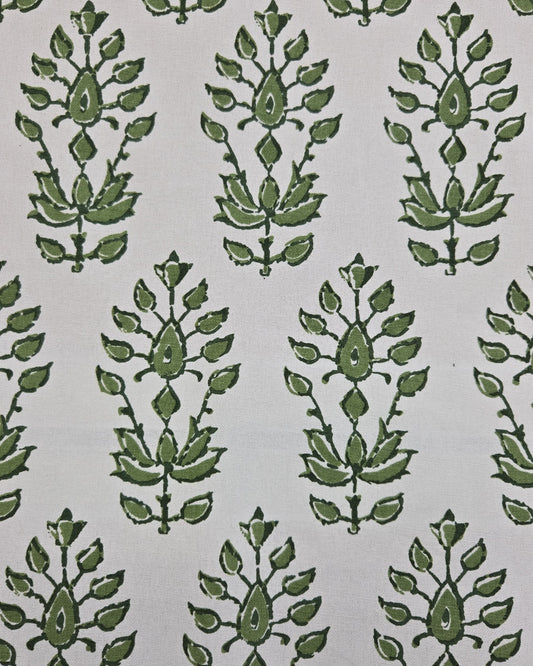 Tree Print Fern/White - Hand-Blocked Cotton Fabric with Botanical Design